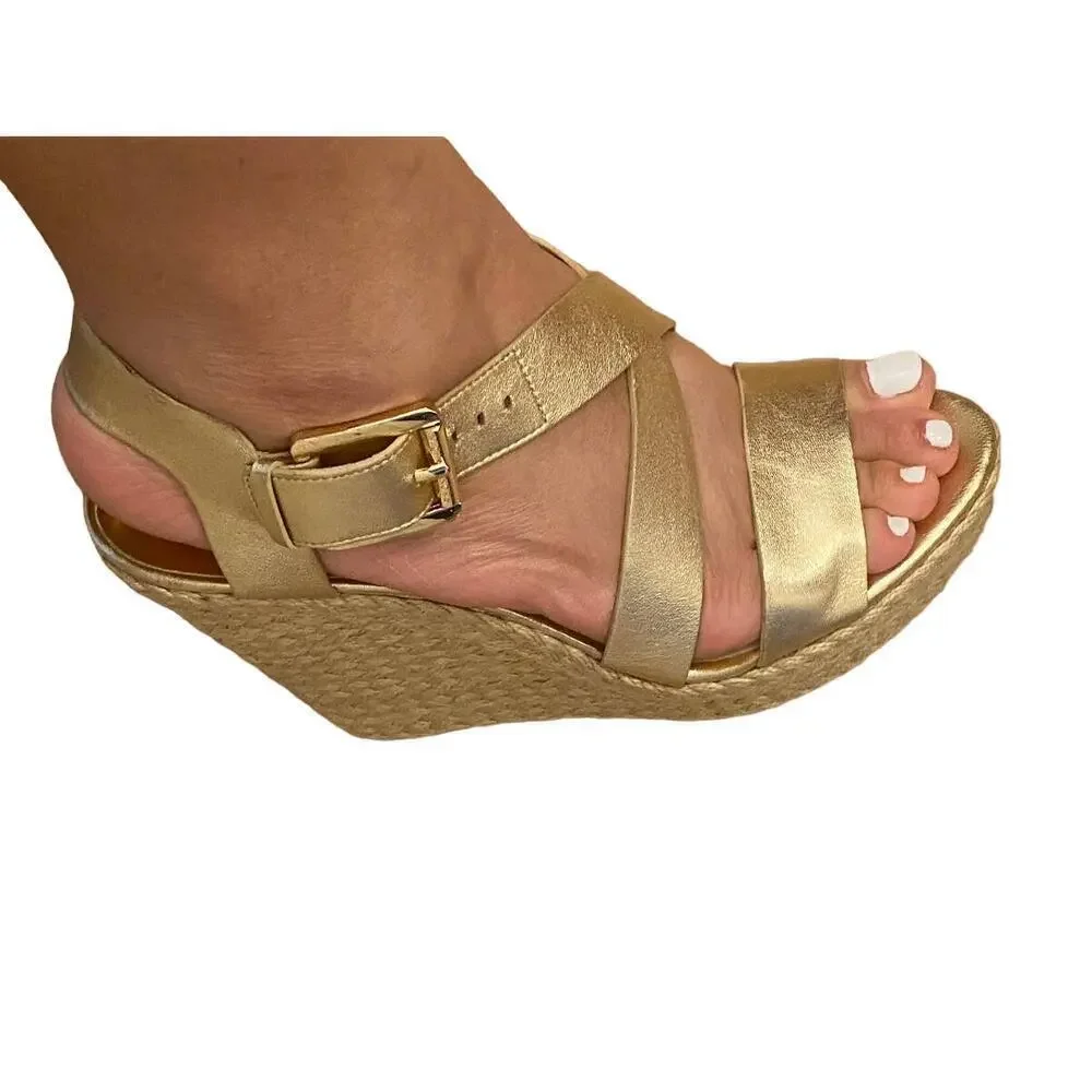 MICHAEL KORS Metallic Gold Leather Ankle Strap Espadrille Wedge Sandal 9.5M